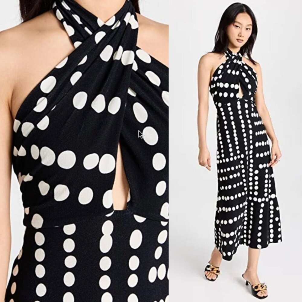 Johanna Ortiz Equatoria Rhythms Midi Dress Black And Ecru Polka Dot Halter Neck - Picture 5 of 16